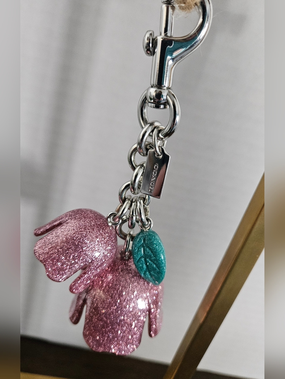 Coach Pink Glitter Resin Tea Rose Bag Charm Keychain - Picture 2 of 8